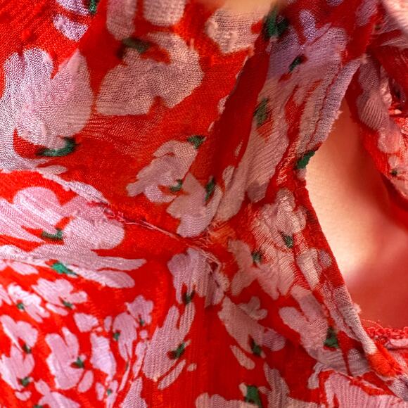 Tanya Taylor Red Floral Mini Wrap Dress Size 4 Silk Chiffon Ruched Designer $500 - Picture 13 of 13